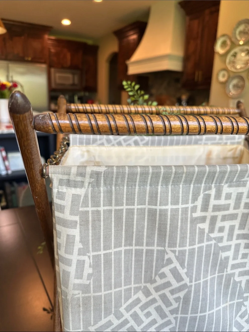 Vtg MCM fabric and wood sewing or magazine holder